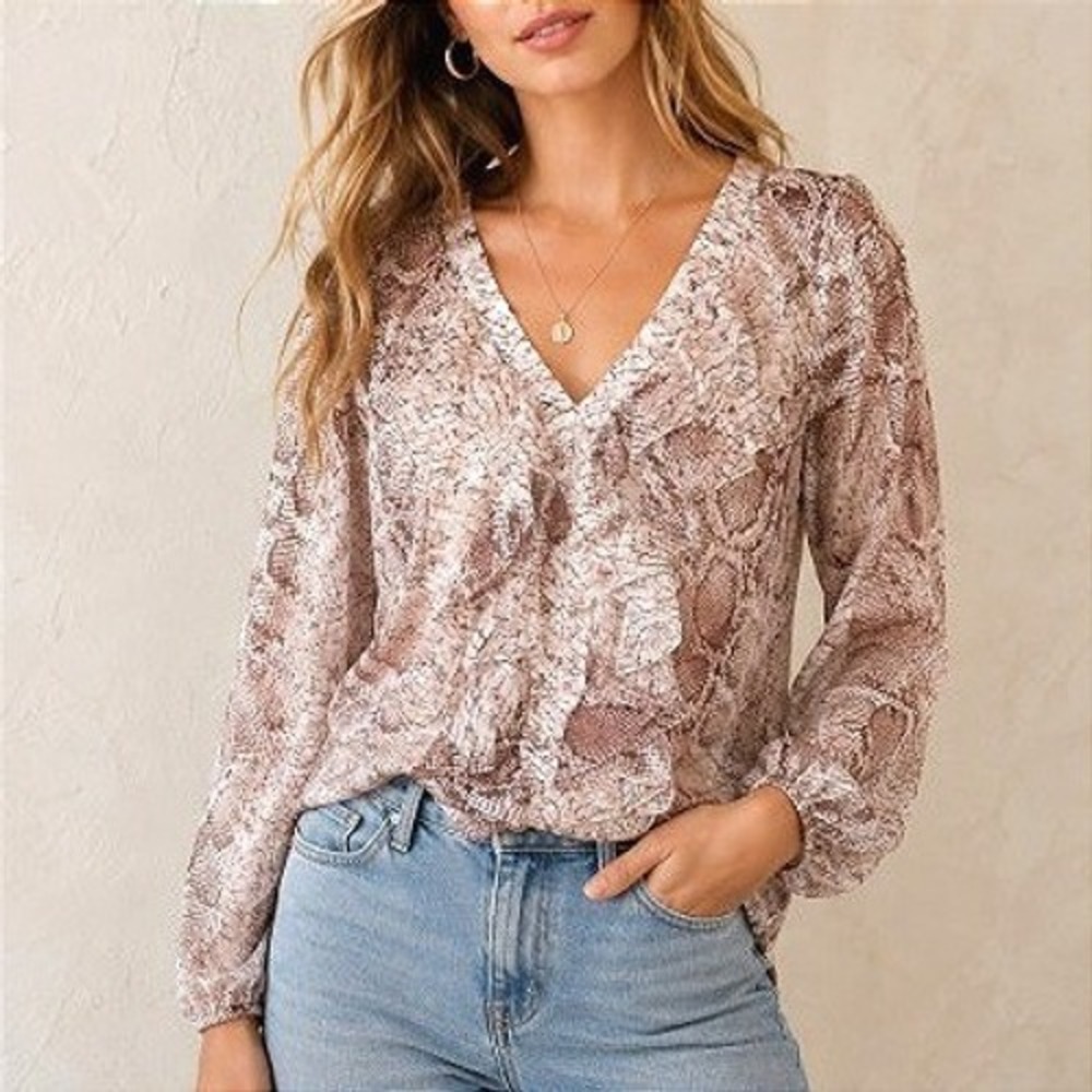 Anthropologie Dusty Pink Beige Snake Print Ruffled Sheer Boho Peasant Blouse M